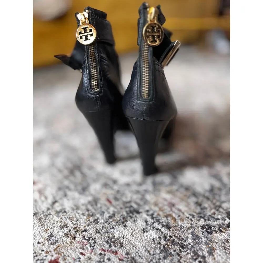 Tory Burch Black Leather Ankle Boots Gold Buckle Side Zip High Heel Booties 8.5